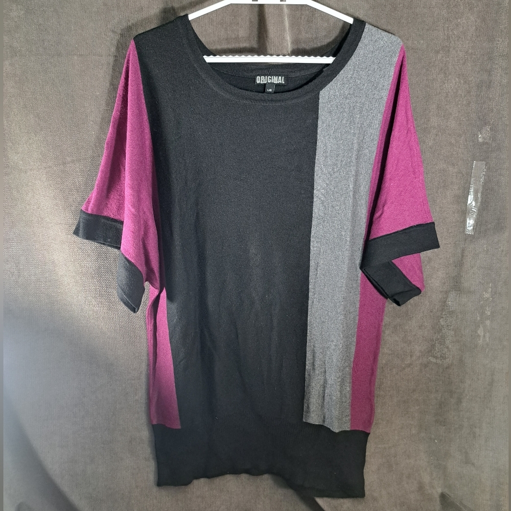 Nicole Miller Original Black Grey Purple  Short Sleeve Oversize Sweater VG L